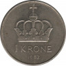  Монета. Норвегия. 1 крона 1982 год. ав.