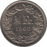  Монета. Швейцария. Полфранка 1968 год. ав.