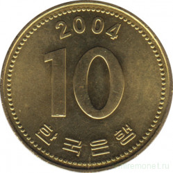 Монета. Южная Корея. 10 вон 2004 год.
