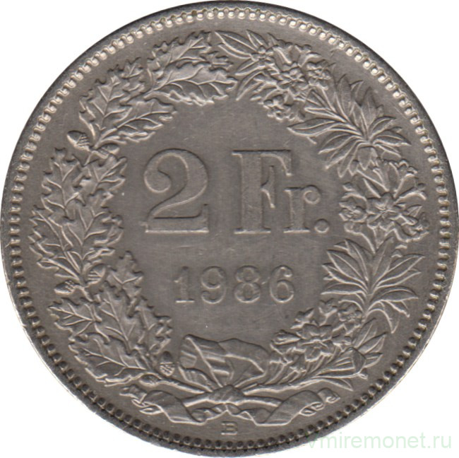 Монета. Швейцария. 2 франка 1986 год.