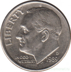 Монета. США. 10 центов 1989 год. Монетный двор D.