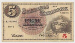 Банкнота. Швеция. 5 крон 1949 год. Вариант 2.