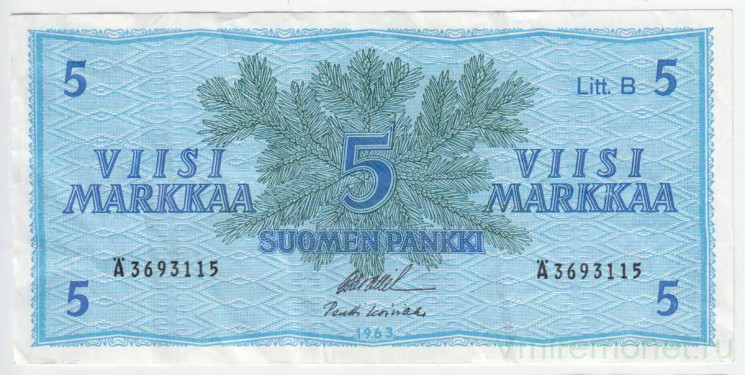 Банкнота. Финляндия. 5 марок 1963 год. Лит B. Тип 106Aa(58).