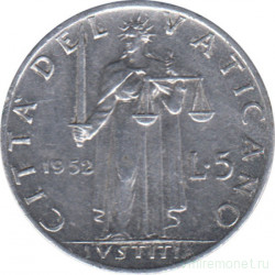 Монета. Ватикан. 5 лир 1952 год.
