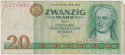 Банкнота. Германия. ГДР. 20 марок 1975 год. (6 цифр). Тип 29а.