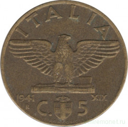 Монета. Италия. 5 чентезимо 1941 год.