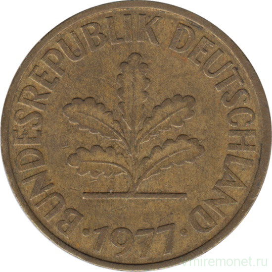 Монета. ФРГ. 10 пфеннигов 1977 год. Монетный двор - Карлсруэ (G).