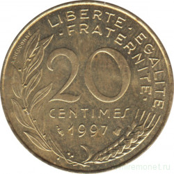 Монета. Франция. 20 сантимов 1997 год.