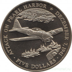 Монета. Либерия 5 долларов 2000 год. 60 лет нападения на Перл-Харбор.