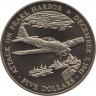 Монета. Либерия 5 долларов 2000 год. 60 лет нападения на Пёрл-Харбор. ав.