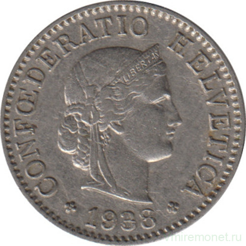 Монета. Швейцария. 5 раппенов 1938 год.