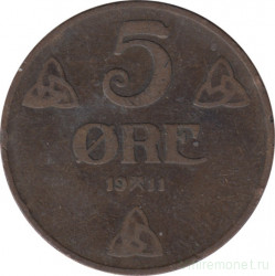 Монета. Норвегия. 5 эре 1911 год.