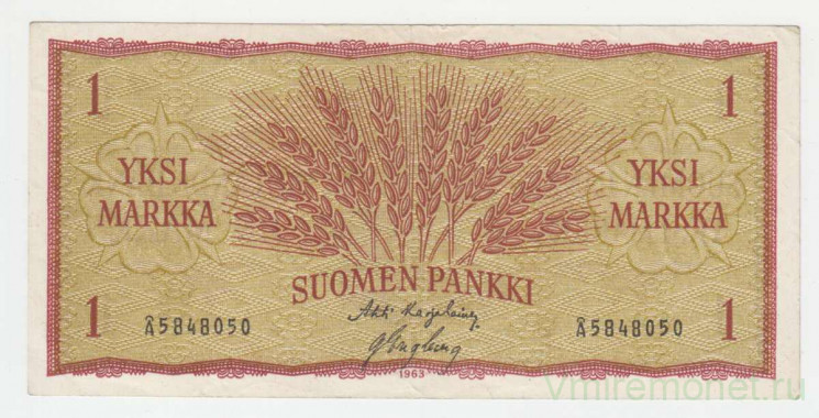 Банкнота. Финляндия. 1 марка 1963 год. Тип 98A(20).