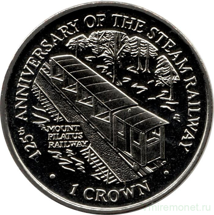 Монета. Великобритания. Остров Мэн. 1 крона 1998 год. 125 лет паровой железной дороге. Горная железная дорога Пилатус.
