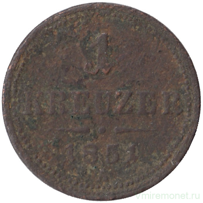 Монета. Австрийская империя. 1 крейцер 1851 год. А. Монета. Австрийская империя. 1 крейцер 1851 год. А.