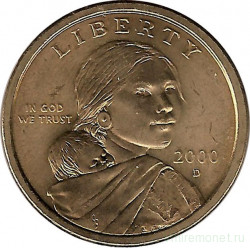 Монета. США. 1 доллар 2000 год. Сакагавея, парящий орел. Монетный двор D.