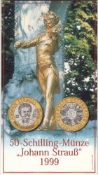Монета. Австрия. 50 шиллингов 1999 год. 100 лет со дня смерти Иоганна Штрауса. В буклете.