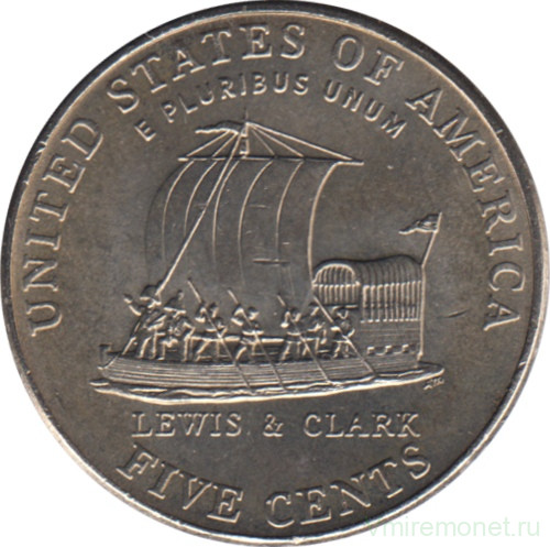 Монета. США. 5 центов 2004 год. 200 лет экспедиции Льюиса и кларка - Лодка. Монетный двор D.