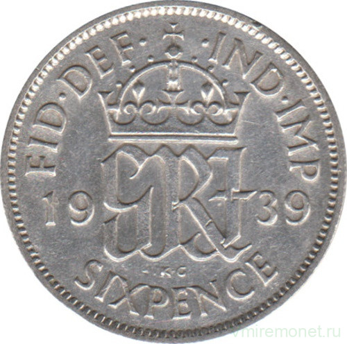 Монета. Великобритания. 6 пенсов 1939 год.