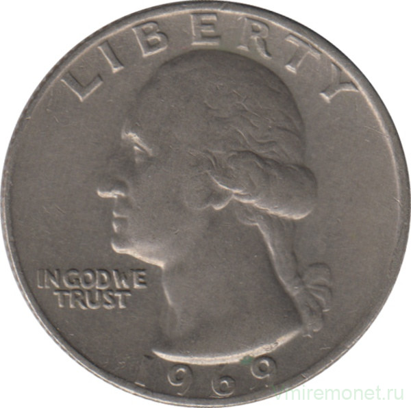 Монета. США. 25 центов 1969 год.