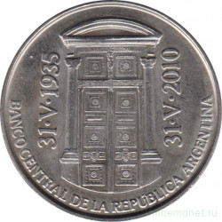 Монета. Аргентина. 2 песо 2010 год. 75 лет Центральному банку Аргентины.