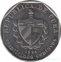 Монета. Куба. 25 сентаво 1994 год (конвертируемый песо).
