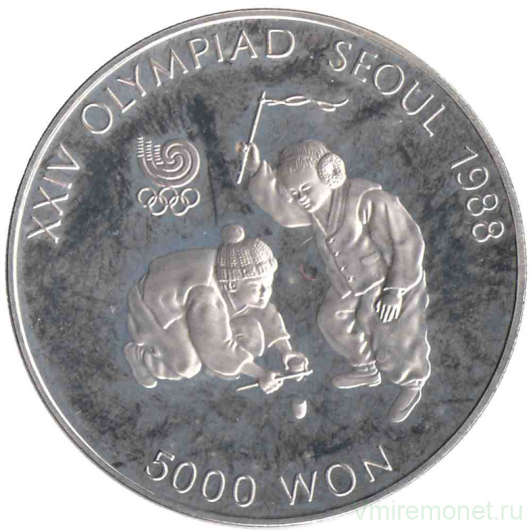 Монета. Южная Корея. 5000 вон 1988 год. XXIV летние Олимпийские Игры, Сеул 1988. Мальчики играют с волчком.