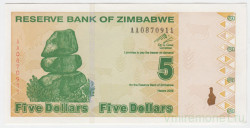 Банкнота. Зимбабве. 5 долларов 2009 год.