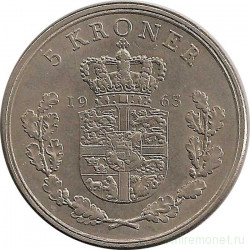 Монета. Дания. 5 крон 1963 год.