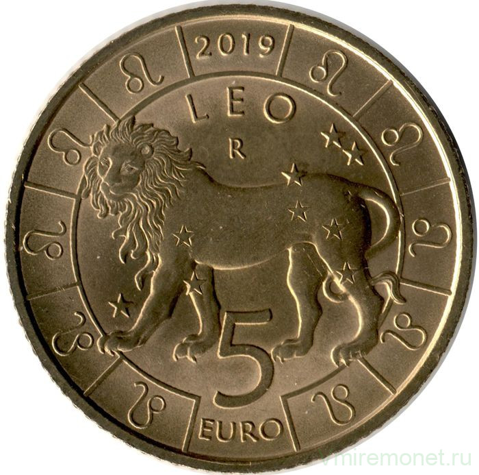 Монета. Сан-Марино. 5 евро 2019 год. Лев. Знаки зодиака.