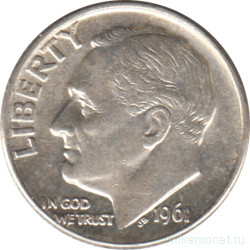 Монета. США. 10 центов 1961 год. Серебряный дайм Рузвельта. Монетный двор D.