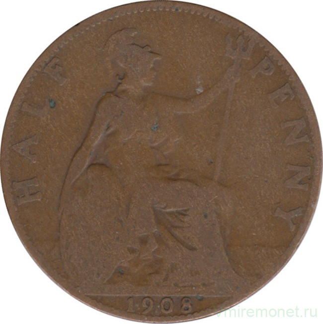 Монета. Великобритания. 1/2 пенни 1908 год.