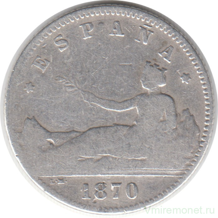Монета. Испания. 1 песета 1870 год. D.E. M.