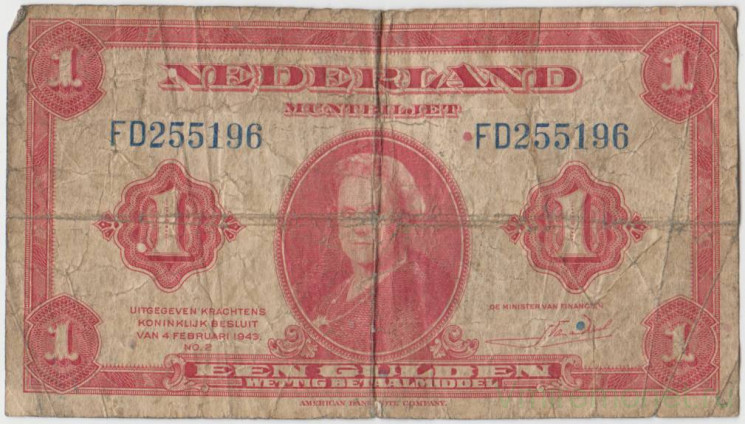 Банкнота. Нидерланды. 1 гульден 1943 год. Тип 64.