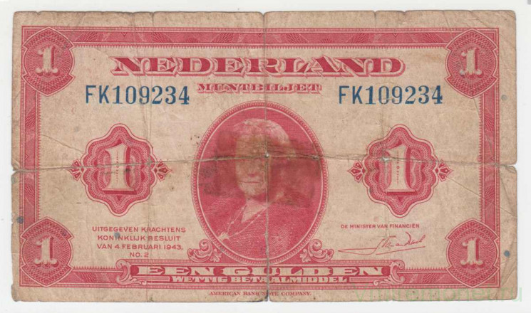 Банкнота. Нидерланды. 1 гульден 1943 год. Тип 64.