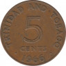 Монета. Тринидад и Тобаго. 5 центов 1966 год. ав.