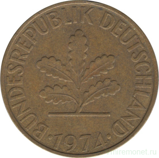 Монета. ФРГ. 10 пфеннигов 1974 год. Монетный двор - Штутгарт (F).