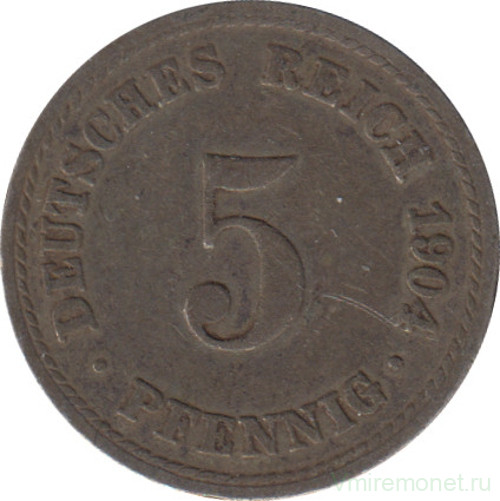 Монета. Германская империя. 5 пфеннигов 1904 год. (А).