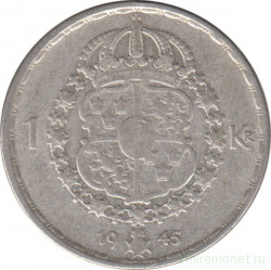 Монета. Швеция. 1 крона 1945 год. G.