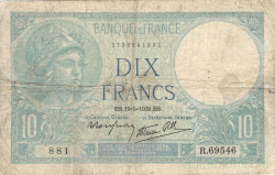 Банкнота. Франция. 10 франков 1939 год. Тип 84.