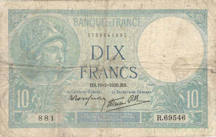 Банкнота. Франция. 10 франков 1939 год. Тип 84.