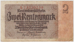 Банкнота. Германия. Веймарская республика. 2 рентенмарки 1937 год. Серийный номер - буква, 8 цифр (гос. печать).
