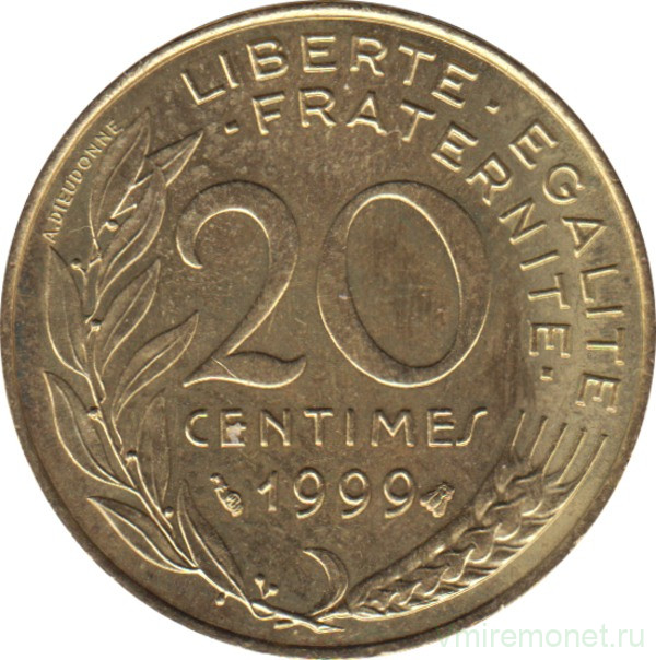 Монета. Франция. 20 сантимов 1999 год.