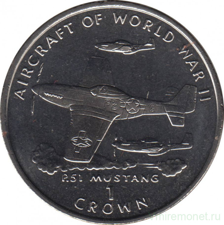 Монета. Великобритания. Остров Мэн. 1 крона 1995 год. Авиация Второй Мировой войны. P-51 Mustang.