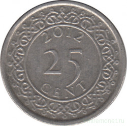 Монета. Суринам. 25 центов 2012 год.