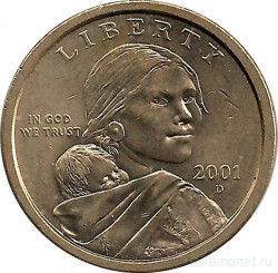 Монета. США. 1 доллар 2001 год. Сакагавея, парящий орел. Монетный двор D.