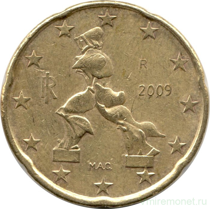 Монета. Италия. 20 центов 2009 год.
