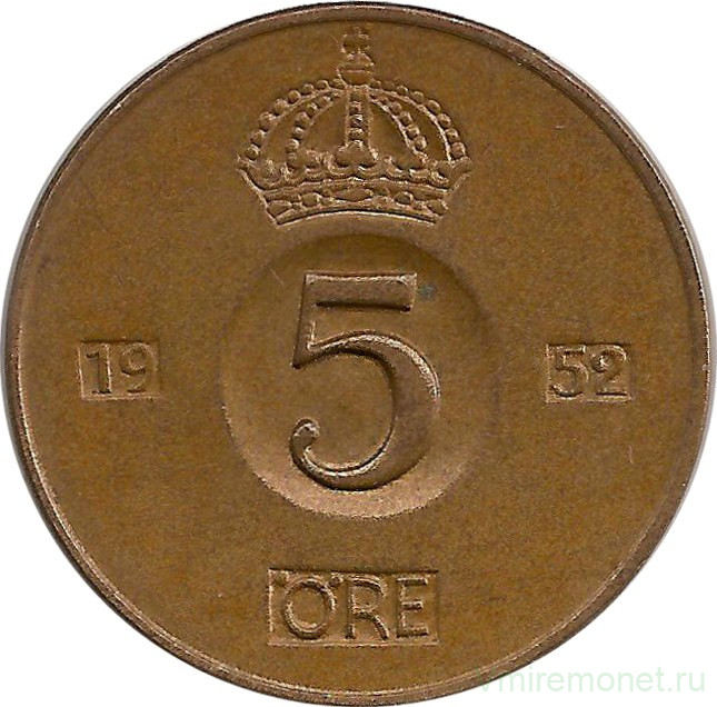 Монета. Швеция. 5 эре 1952 год.