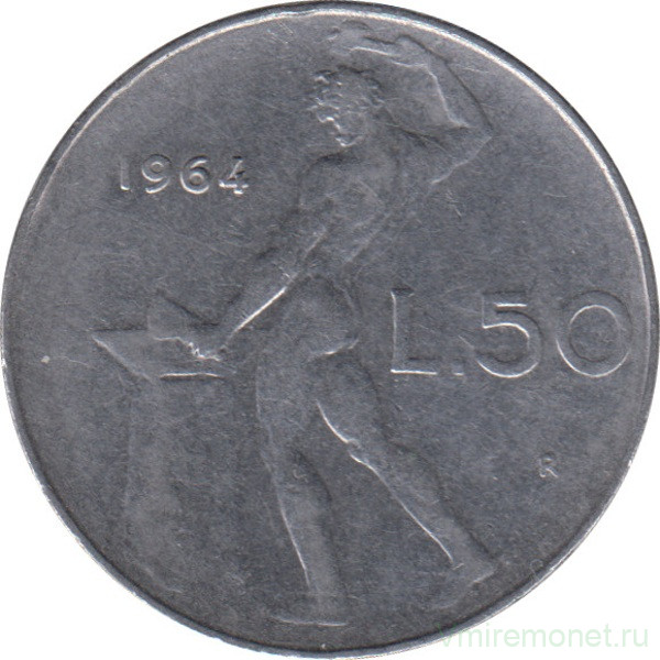 Монета. Италия. 50 лир 1964 год.