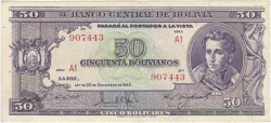 Банкнота. Боливия. 50 боливиано 1945 год. Тип 141(4). 
